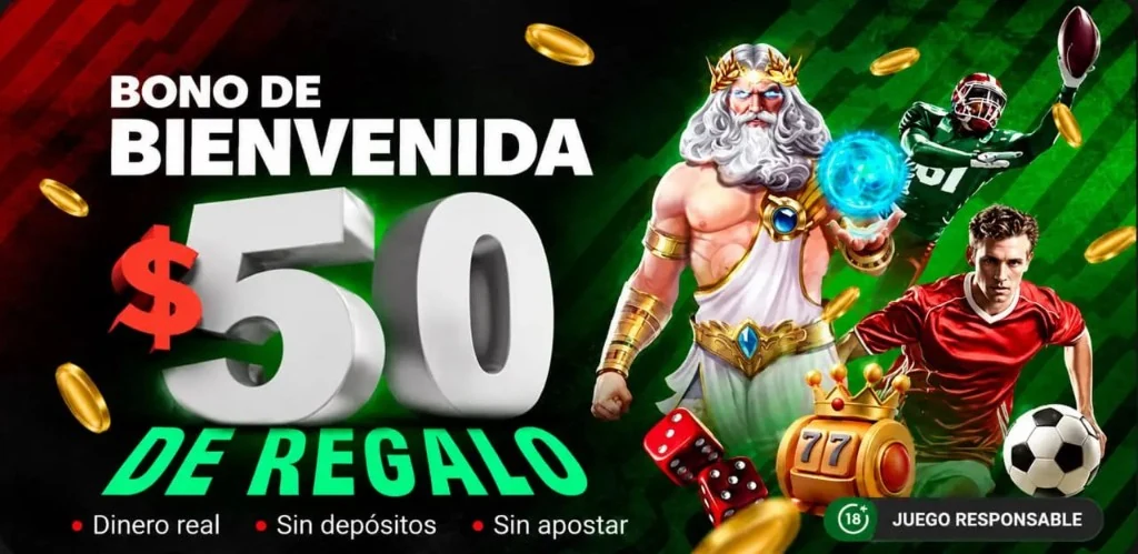 Bono de bienvenida $50 de regalo: mitología, deportes, dados y tragamonedas. Texto promocional. Juego responsable.