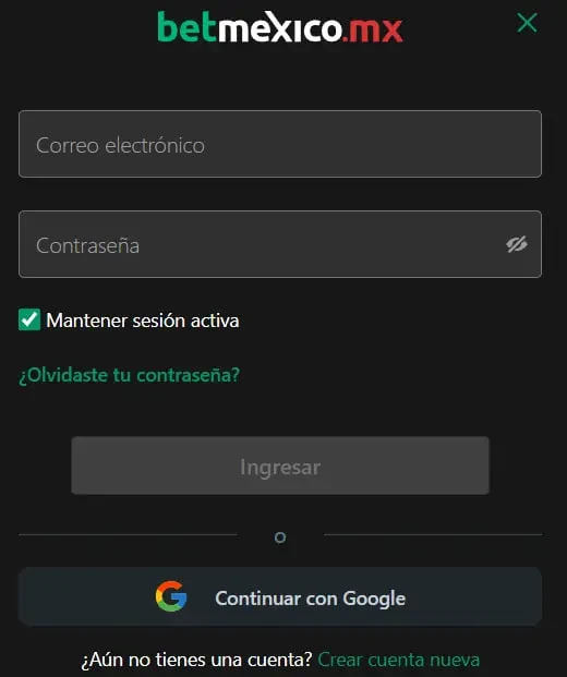 Formulario de acceso Bet Mexico: correo, contraseña, mantener sesión e ingreso seguro