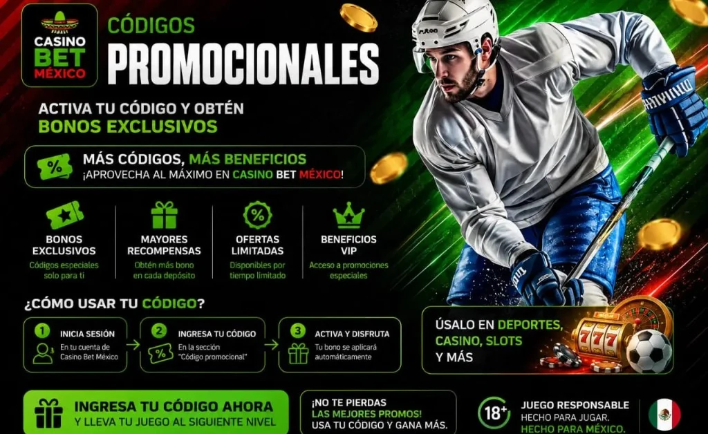 Casino Bet México: códigos promocionales, activa tu código y bonos exclusivos; cómo usar tu código en tres pasos; hockey, fútbol, tragamonedas y ruleta. 18+ juego responsable.
